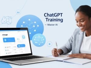 Personne prenant des notes face à un ordinateur avec l'interface ChatGPT, entourée de visuels symbolisant l'intelligence artificielle. Texte : 'ChatGPT Training - Master AI'.