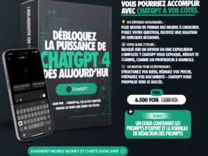 Abonnement ChatGPT à 5 000 FCFA par mois - Accédez à une intelligence artificielle performante pour répondre à toutes vos questions, améliorer vos projets, rédiger des contenus, et optimiser votre productivité. Service 24h/24, avec un accompagnement personnalisé et un guide exclusif pour maîtriser les prompts d'expert.